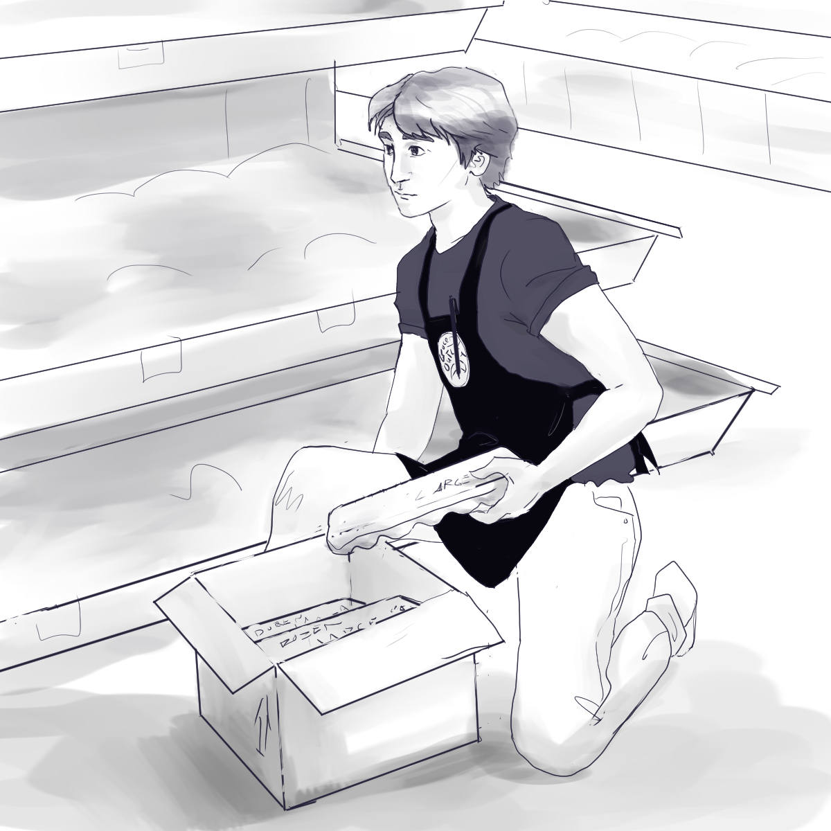 Sal stocking eggs drawn in black and white.
